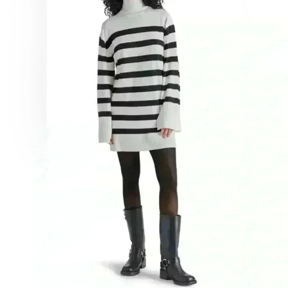 Steve Madden Gretta Turtleneck Long Sleeve Sweater Minidress Cream/Black M